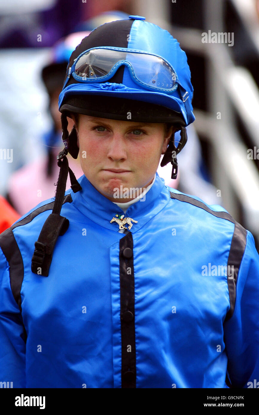 Jockey Hayley Moore prior to her ride on Nawamees in the Queen Mother's Cup Handicap Stakes Stock Photo
