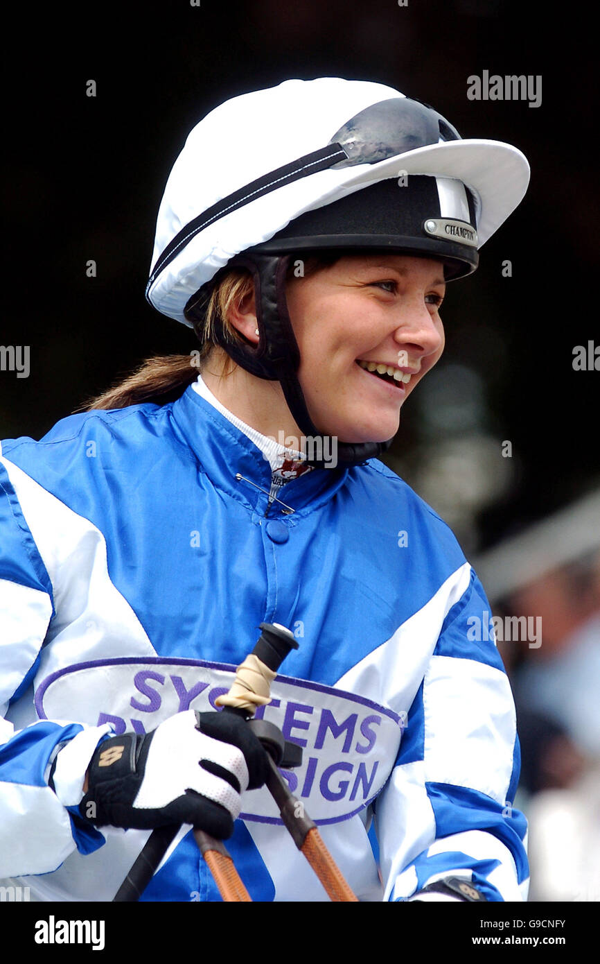 Jockey Miss J Ferguson prior to her ride on Thyolo in the Queen Mother's Cup Handicap Stakes Stock Photo