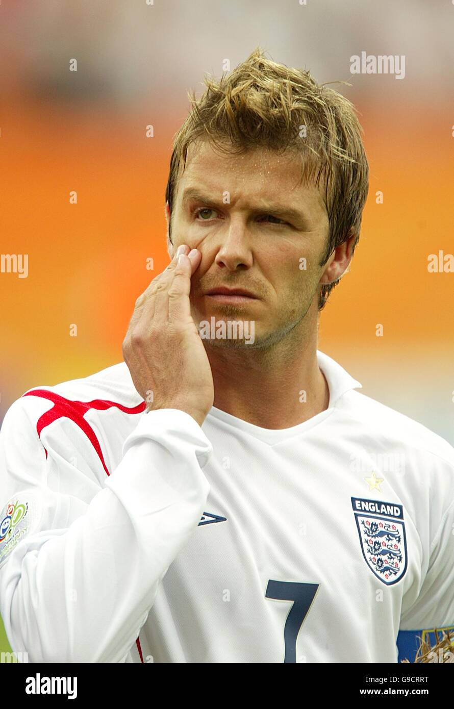Soccer - 2006 FIFA World Cup Germany - Group B - England v Trinidad & Tobago - Franken-Stadion. England's David Beckham during the national anthem Stock Photo