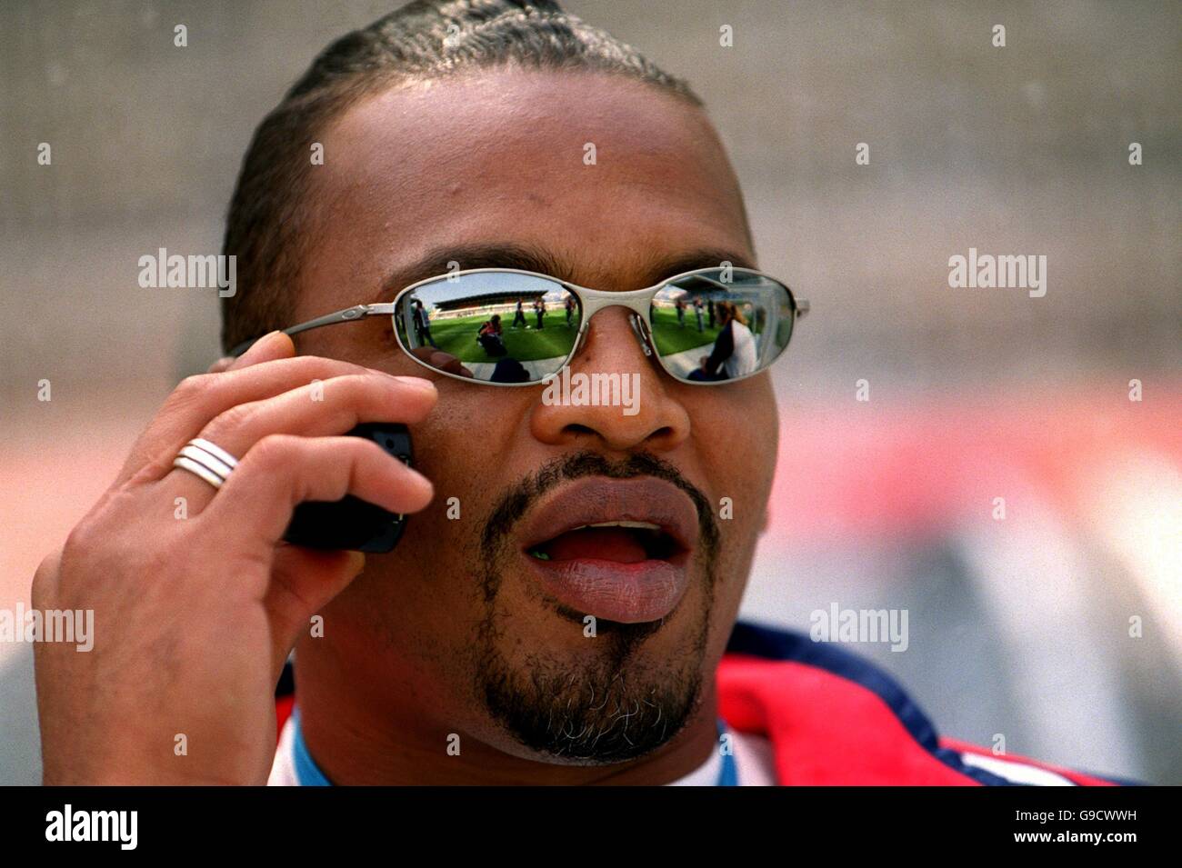 France's Bernard Lama talks on his mobile phone before today's game against the Czech Republic Stock Photo