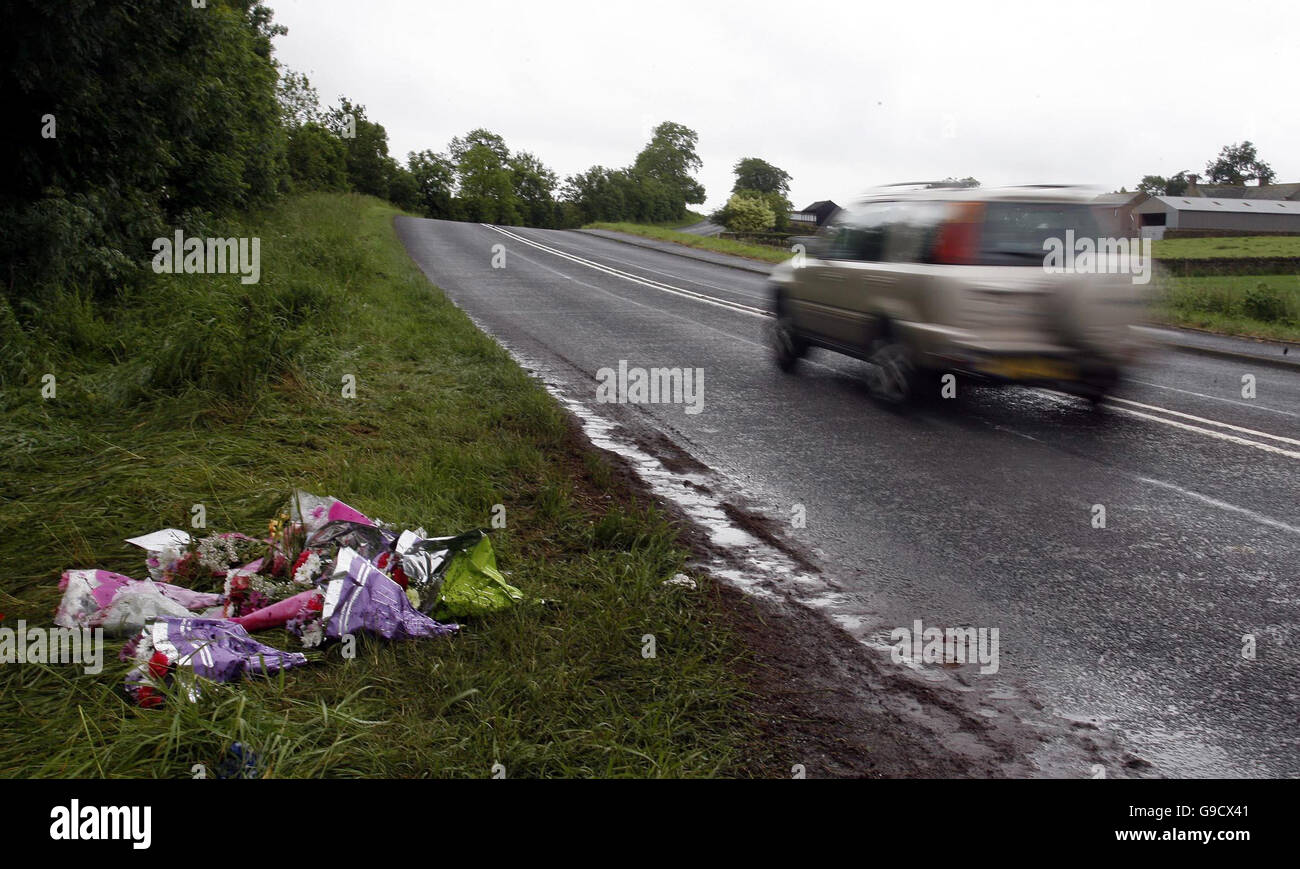 Flowers left at the scene of an accident near Penrith in Cumbria where