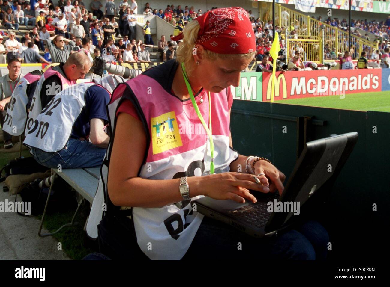 Soccer - Euro 2000 - Group D - Czech Republic v France. A photographer wiring pictures from the match Stock Photo