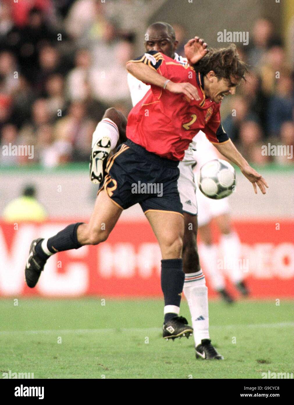 (L-R) France's Patrick Vieira battles for possession of the ball with Spain's Michel Salgado Stock Photo