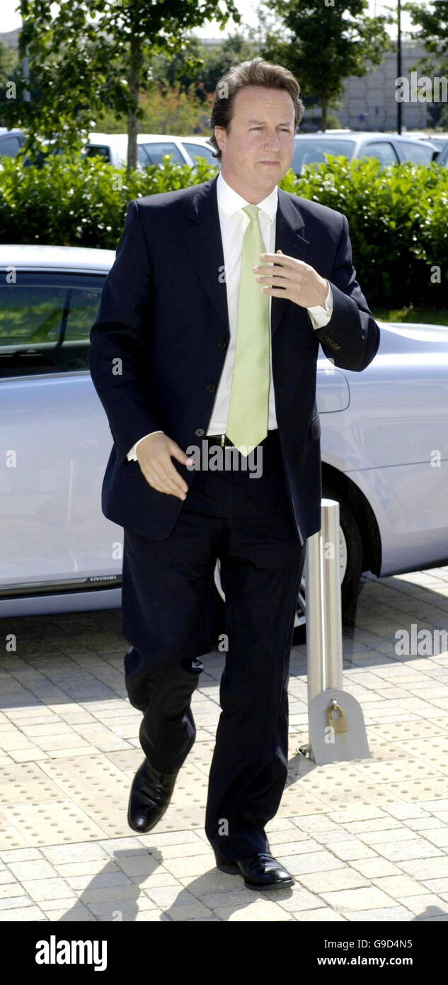 Conservative party leader David Cameron MP arrives to meet staff at the Oxfam charity and to take part in a weblink inside Oxfam House in Oxford. Stock Photo