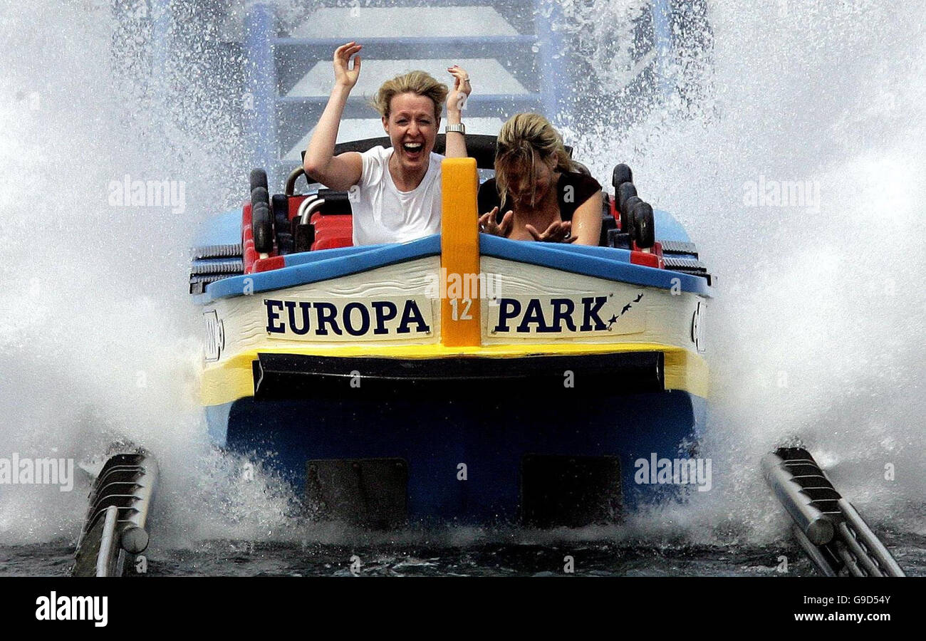 Lisa Roughead (left), partner of England footballer Michael Carrick, and Toni Poole (right), partner of England footballer John Terry, enjoy a water ride at the Europa Park, Germany. Stock Photo