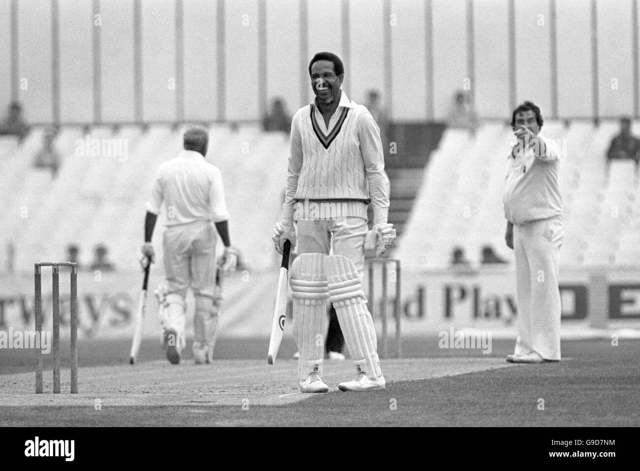 Old England XI's Fred Trueman (r) points an accusing finger at Old International XI's Gary Sobers (l) after the latter hit a six off the former's bowling Stock Photo