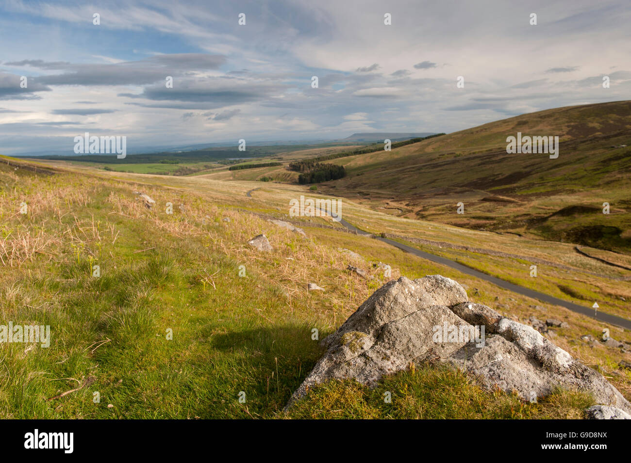 Looking down the Upper Hodder Valley from the Lythe Fell road above Slaidburn in the Forest of Bowland, Lancashire, UK. Stock Photo
