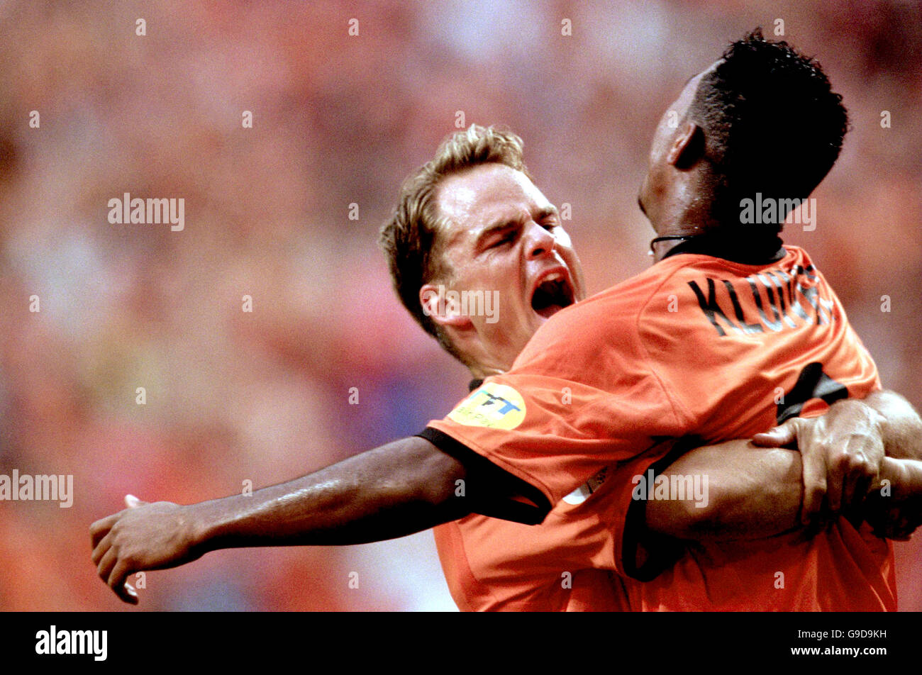 Holland's Patrick Kluivert (r) is congratulated on scoring by teammate Frank De Boer (l) Stock Photo
