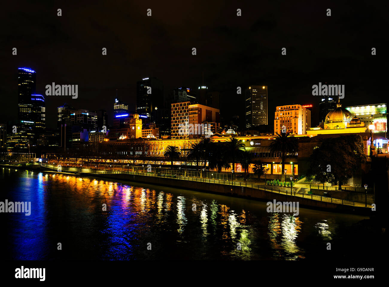 central melbourne city river side modern urban skyline at night in australia Stock Photo