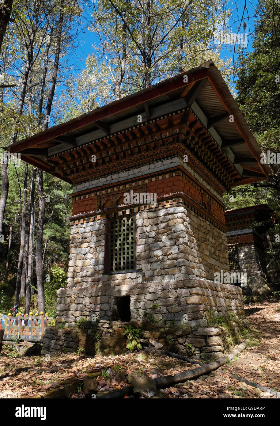 Buddhist Stupas on the Taktsang trail, Paro, Bhutan. Stock Photo