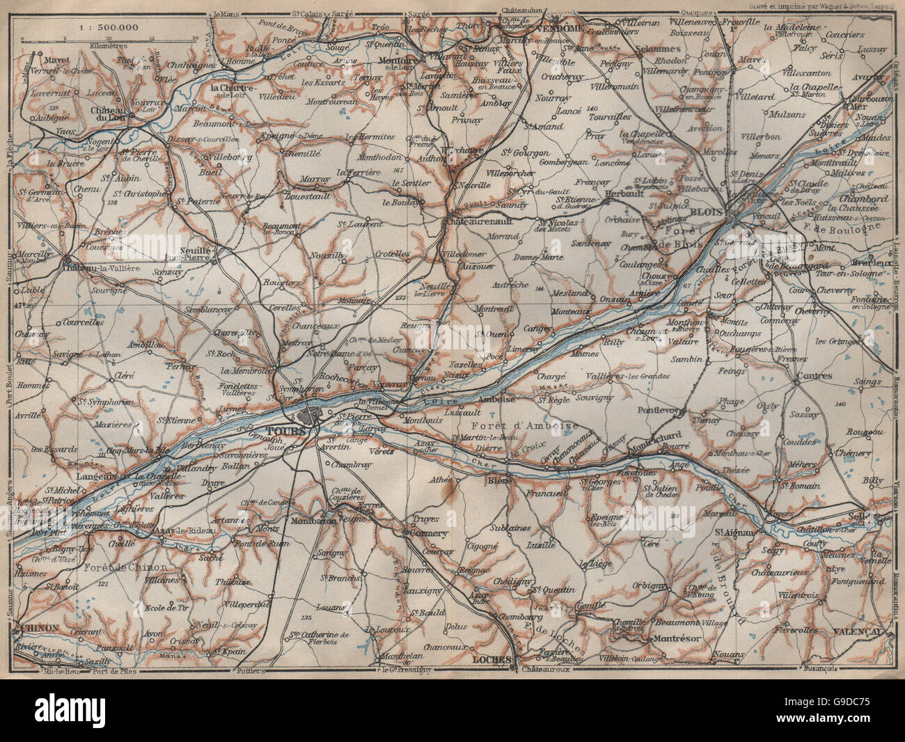 Loire Valley Chateaux Tours Blois Chinon Cher Carte Baedeker 1909 Old Map Stock Photo Alamy