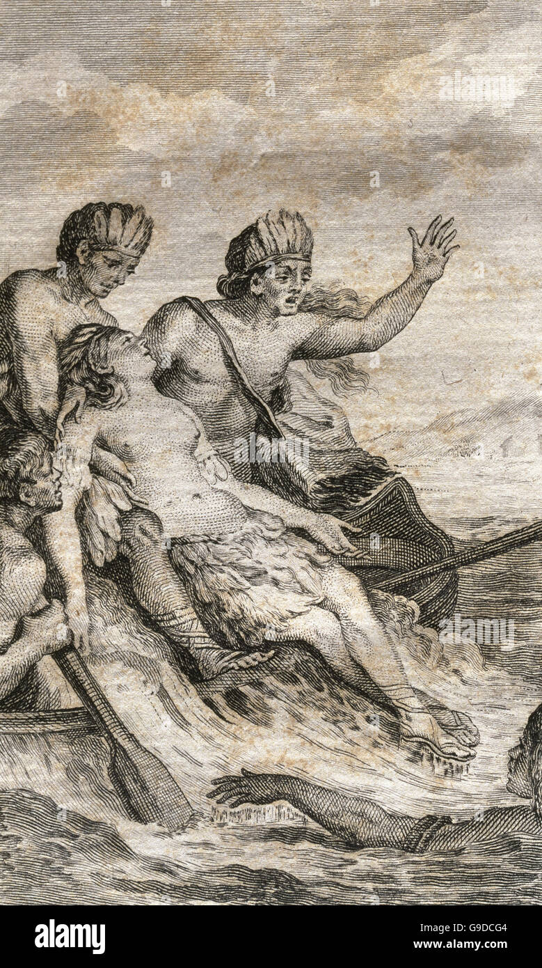 Inca Empire. Death of Amazili. His brother, the chief Orozimbo, and her lover Telasco take her from the sea after killing herself. Engraving, 1820. Stock Photo
