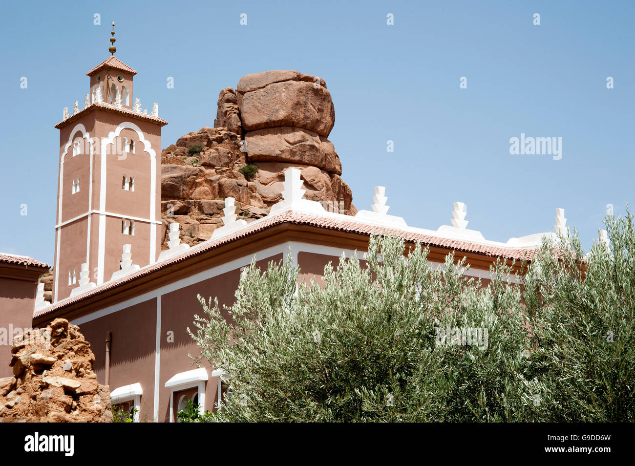 Mosque and granite rock in Tafraout, Tafrawt, Anti-Atlas mountain range, Morocco, North Africa, Africa Stock Photo