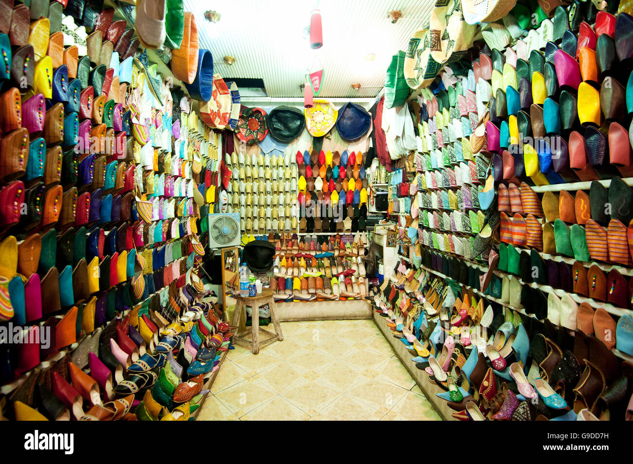 Slipper shop in the souks or markets, Marrakech, Morocco, North Africa, Africa Stock Photo