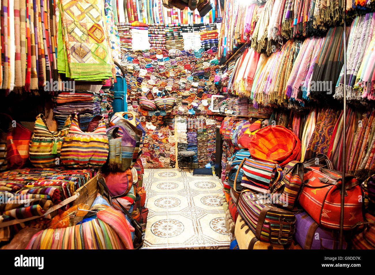 Bag and blanket shop in the souks or markets, Marrakech, Morocco, North Africa, Africa Stock Photo