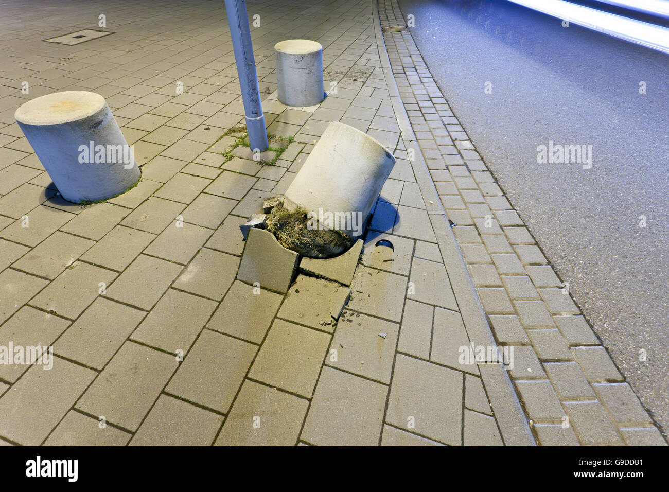 Concrete bollards, knocked over, Stuttgart, Baden-Wuerttemberg Stock Photo