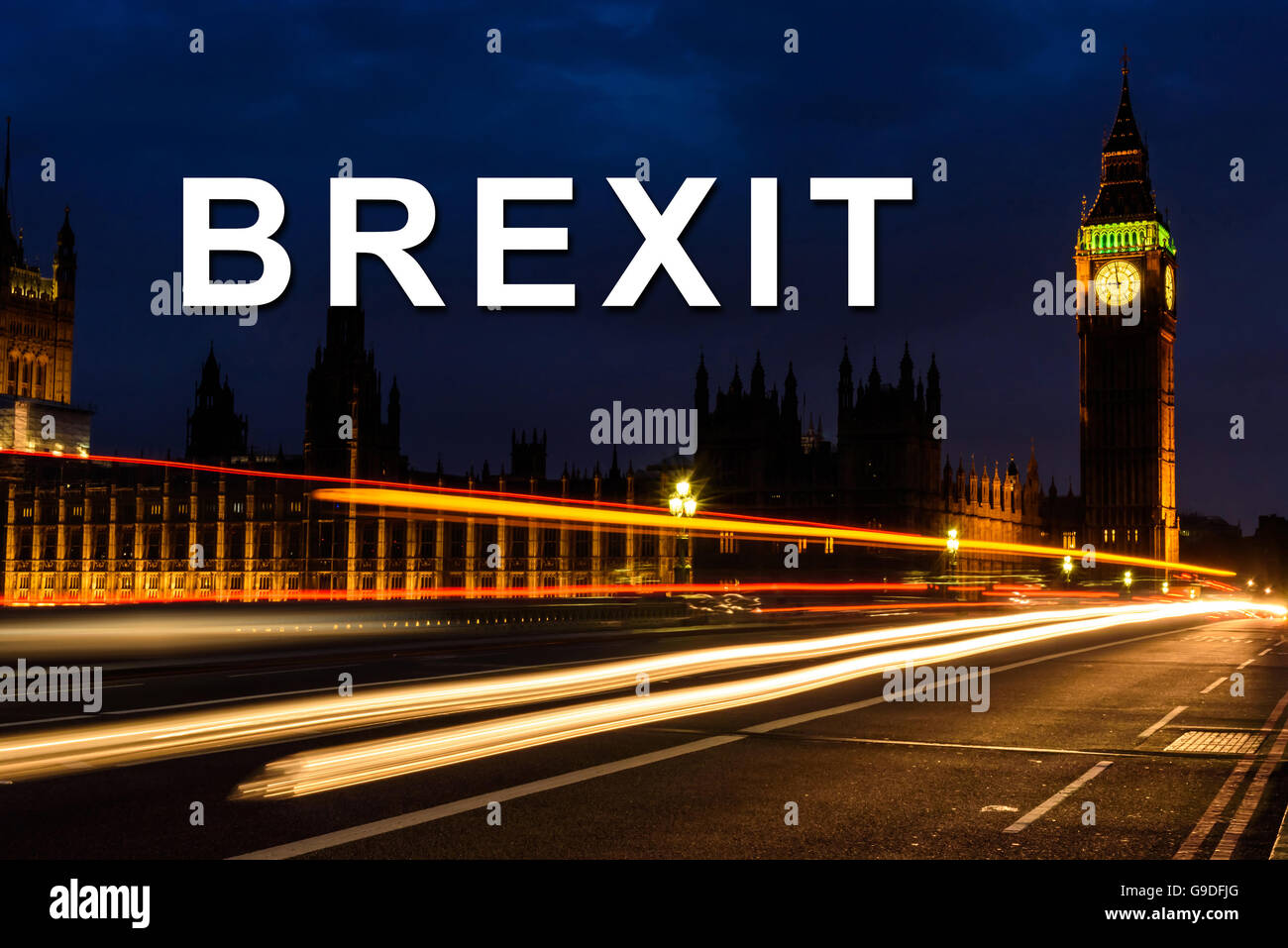brexit or british exit with Light trail in the night at Big Ben Clock Tower and House of Parliament, London, England, UK, select Stock Photo