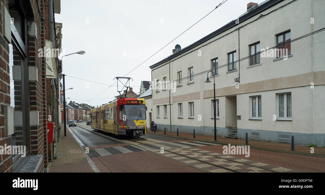 TEC Metro Tram No.7440 on Route M2 in Rue de la Station Anderlues, Belgium -1 Stock Photo