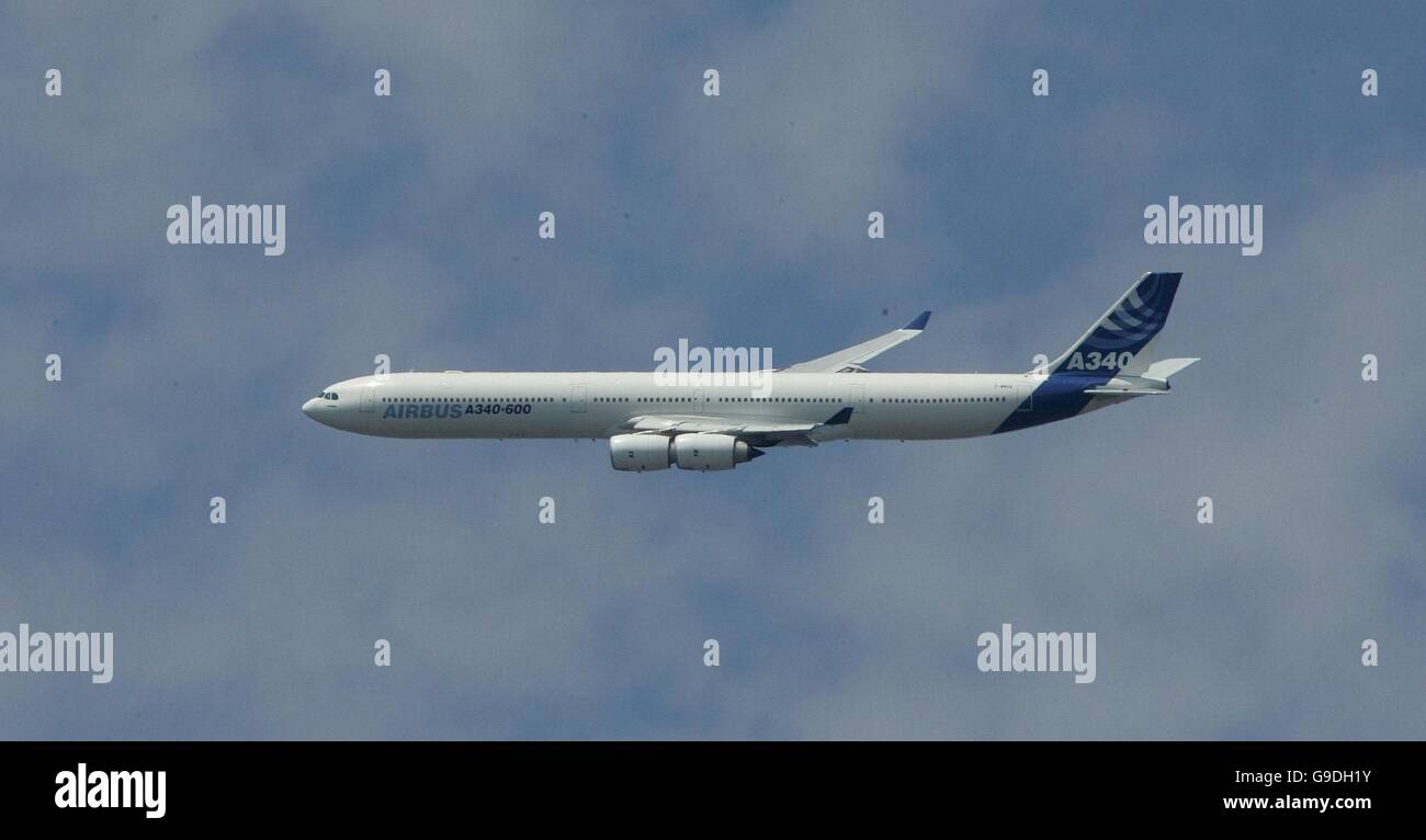 A Airbus A340 600 during its display at Farnborough Airshow. A Airbus A340 600 during its display at Farnborough Airshow Stock Photo
