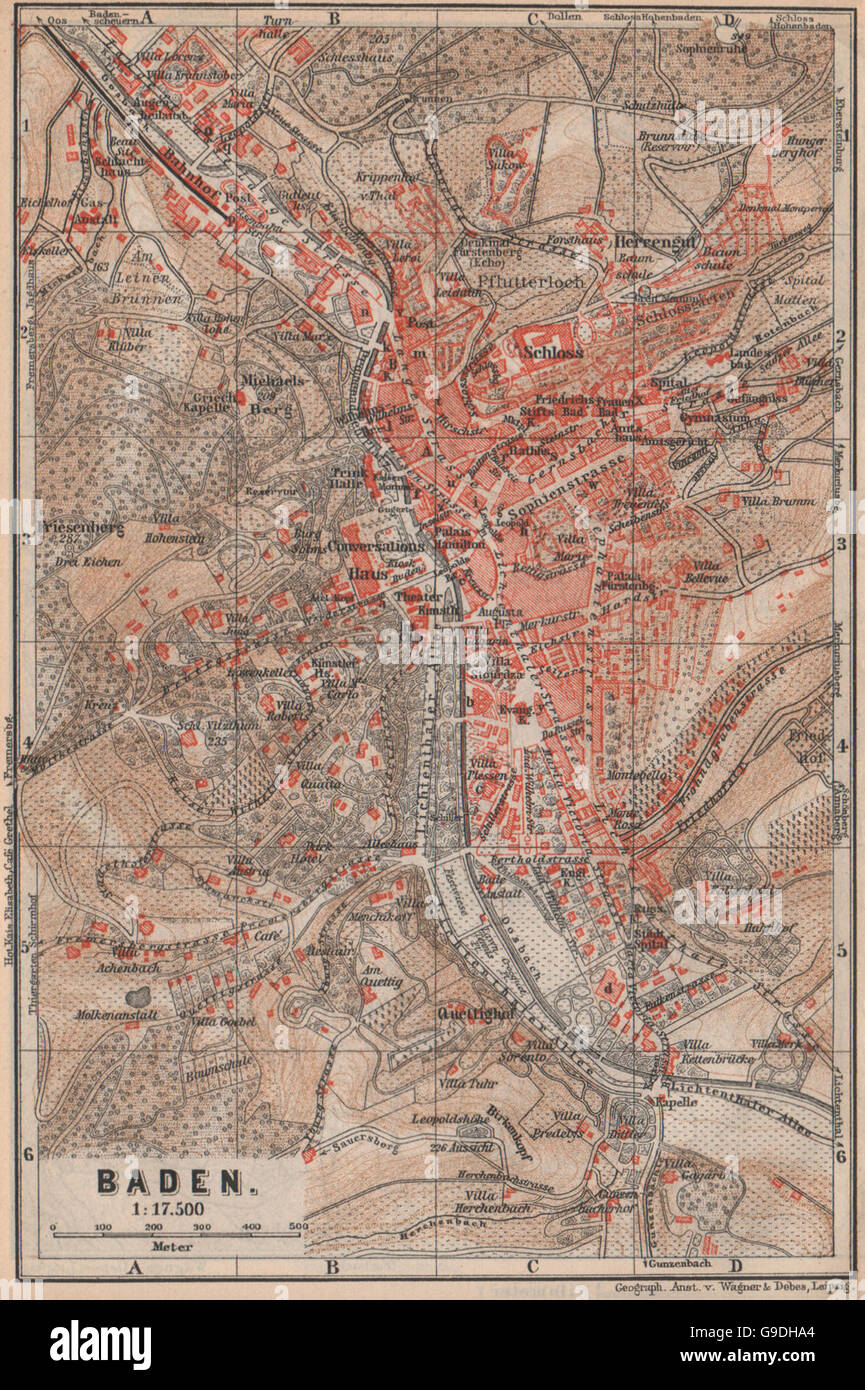 BADEN-BADEN town city stadtplan & environs/umgebung. Germany karte, 1892  map Stock Photo - Alamy