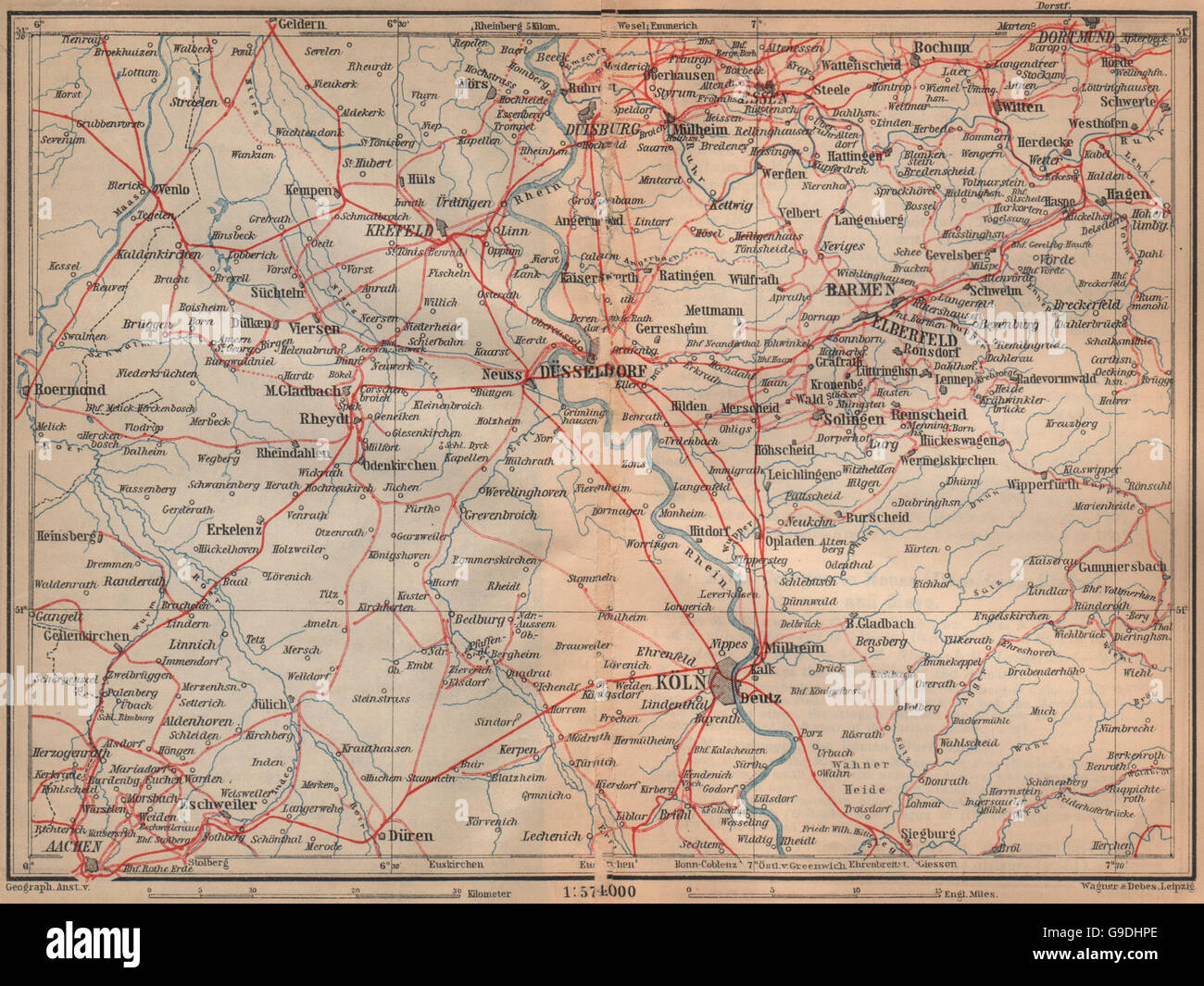 Metropolregion Rhine/Rhein-Ruhr Eisenbahnen Köln Dusseldorf Duisburg, 1903 map Stock Photo