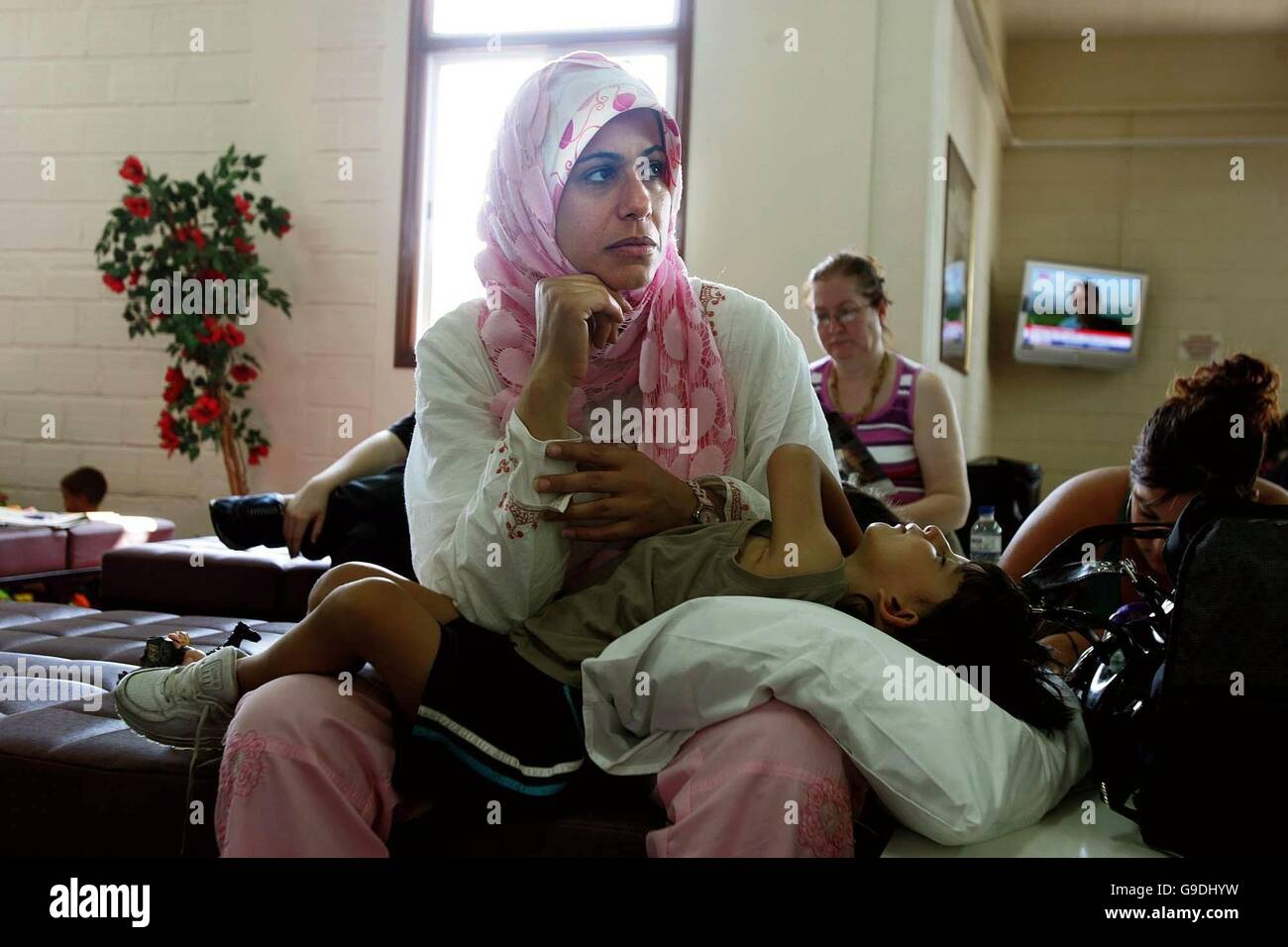 Evacuees from Lebanon at the Akrotiri RAF Base in Cyprus, where they