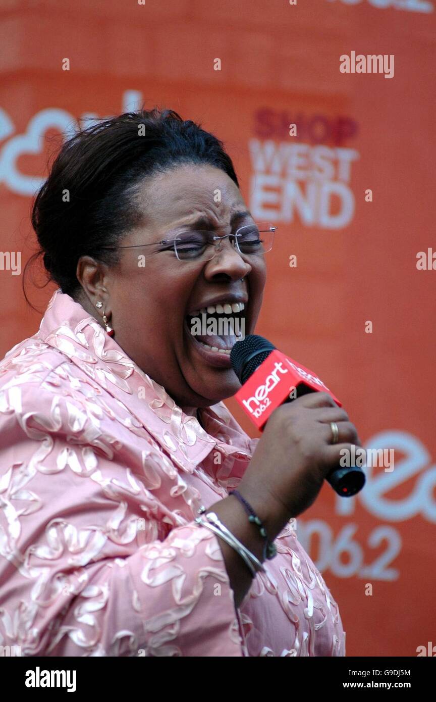 Jocelyn Brown performs at a Heart 106.2 street concert in Heddon Street, central London. Stock Photo