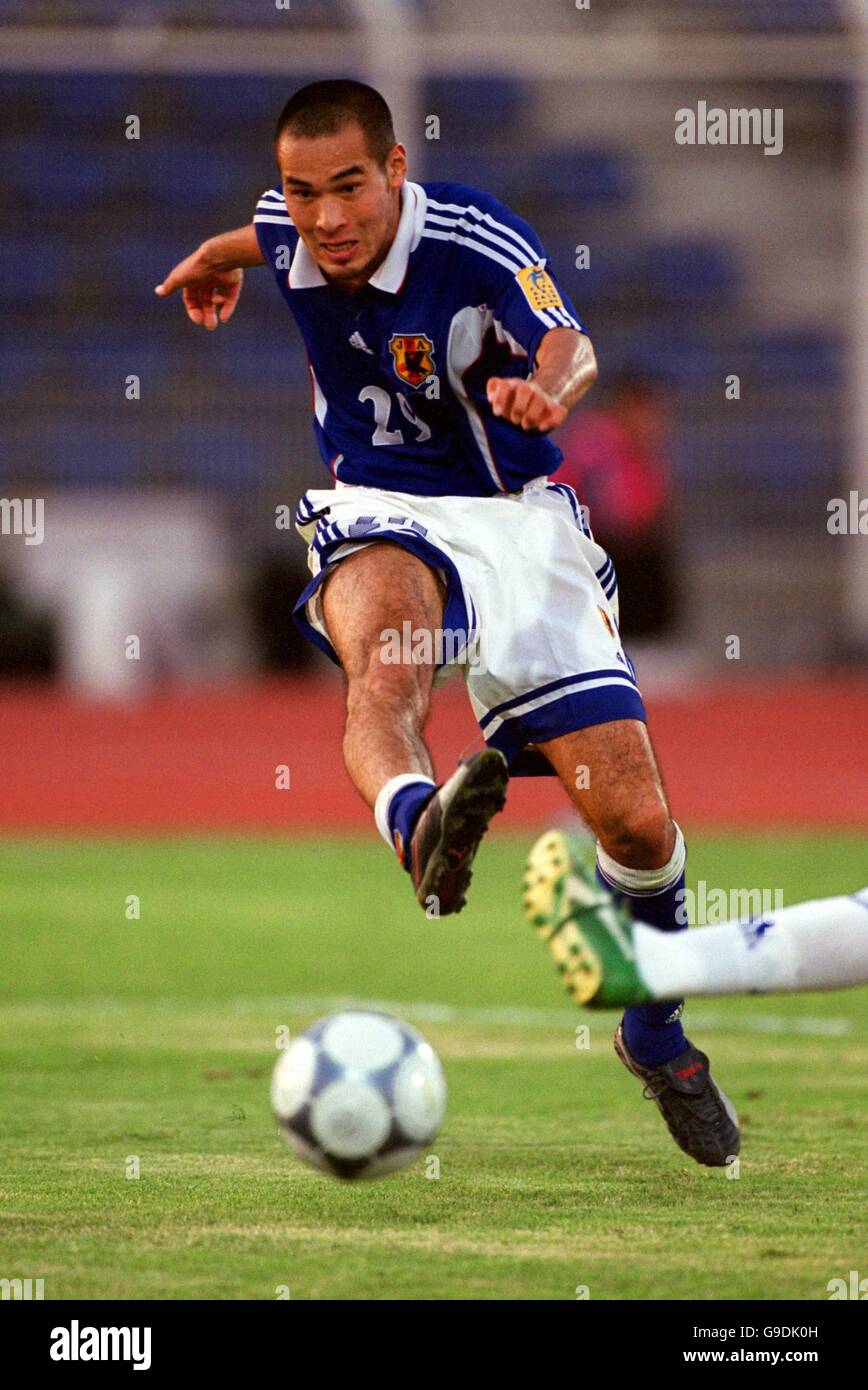 Soccer - Asian Cup 2000 - Group C - Japan v Uzbekistan. Naohiro Takahara of Japan scores the first of his three goals in the 8-1 victory over Uzbekistan Stock Photo