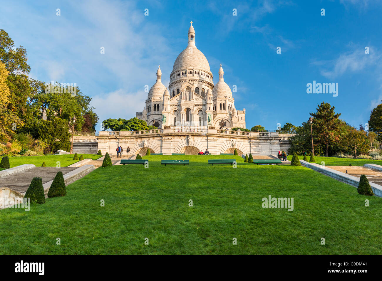 Sacre-Coeur Basilica early in the morning at first sunlight . Stock Photo