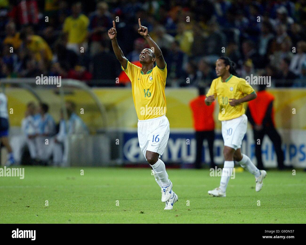 Brazil's Da Silva Gilberto celebrates scoring the third goal against Japan Stock Photo