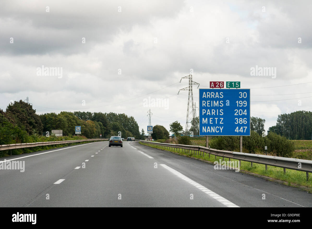 Distance sign on A26 E15 motorway in France Stock Photo