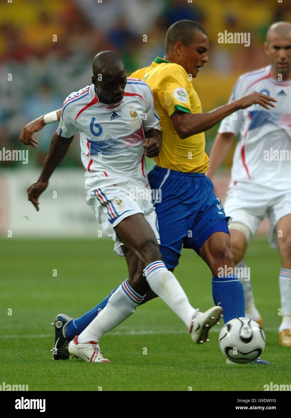 Soccer - 2006 FIFA World Cup Germany - Quarter Final - Brazil v France - Commerzbank Arena. France's Claude Makelele and Brazil's Gilberto Silva Stock Photo