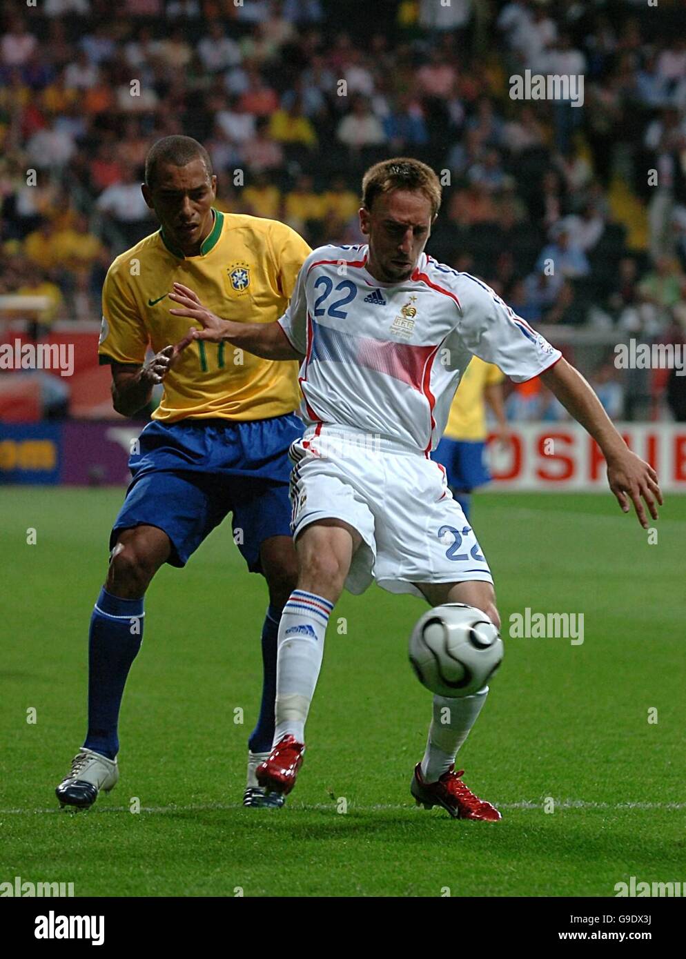 Soccer - 2006 FIFA World Cup Germany - Quarter Final - Brazil v France - Commerzbank Arena. Brazil's Gilberto Silva and France's Franck Ribery Stock Photo