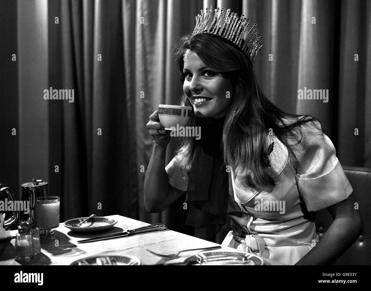 Nineteen-year-old model Marjorie Wallace, who was crowned the new Miss World at the Royal Albert Hall, breakfasting at her London hotel. Stock Photo