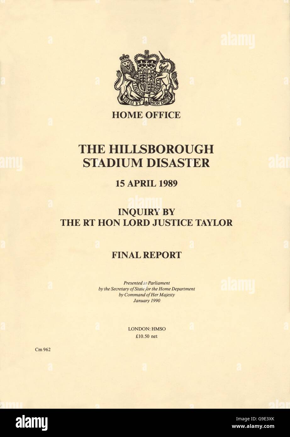 The front cover of the inquiry by the Rt Hon Lord Justice Taylor into the  Hillsborough Stadium Disaster Stock Photo - Alamy