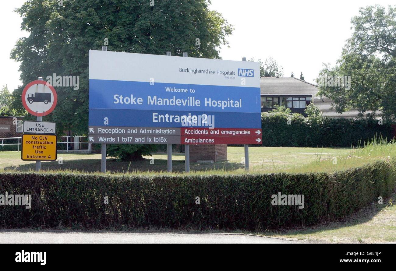 An entrance to Stoke Mandeville Hospital at Aylesbury, Buckinghamshire