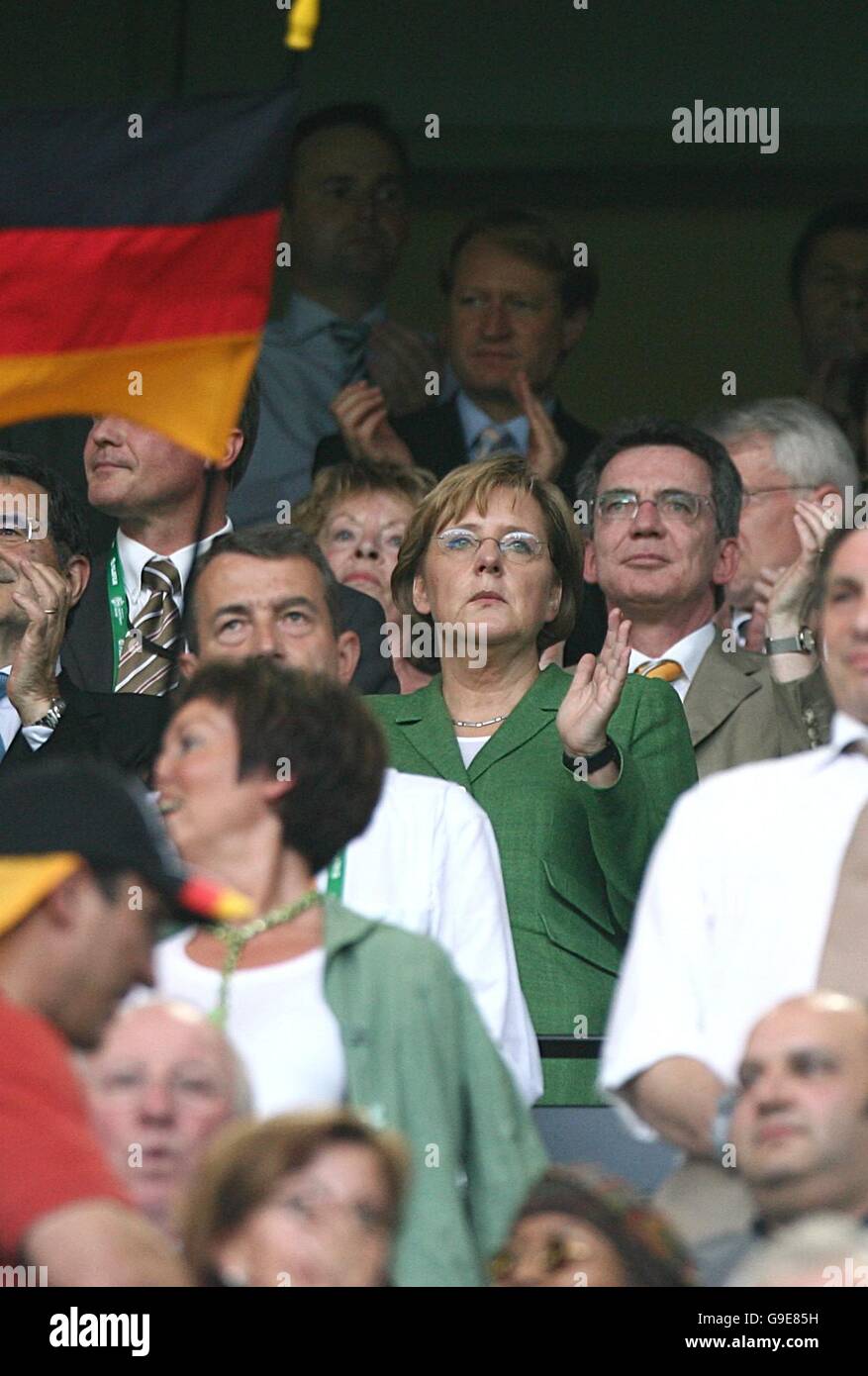 Soccer - 2006 FIFA World Cup Germany - Semi Final - Germany v Italy - Signal Iduna Park. Christian Democratic Union (CDU) leader and Germany's first woman chancellor Angela Merkel (c) in the stands. Stock Photo