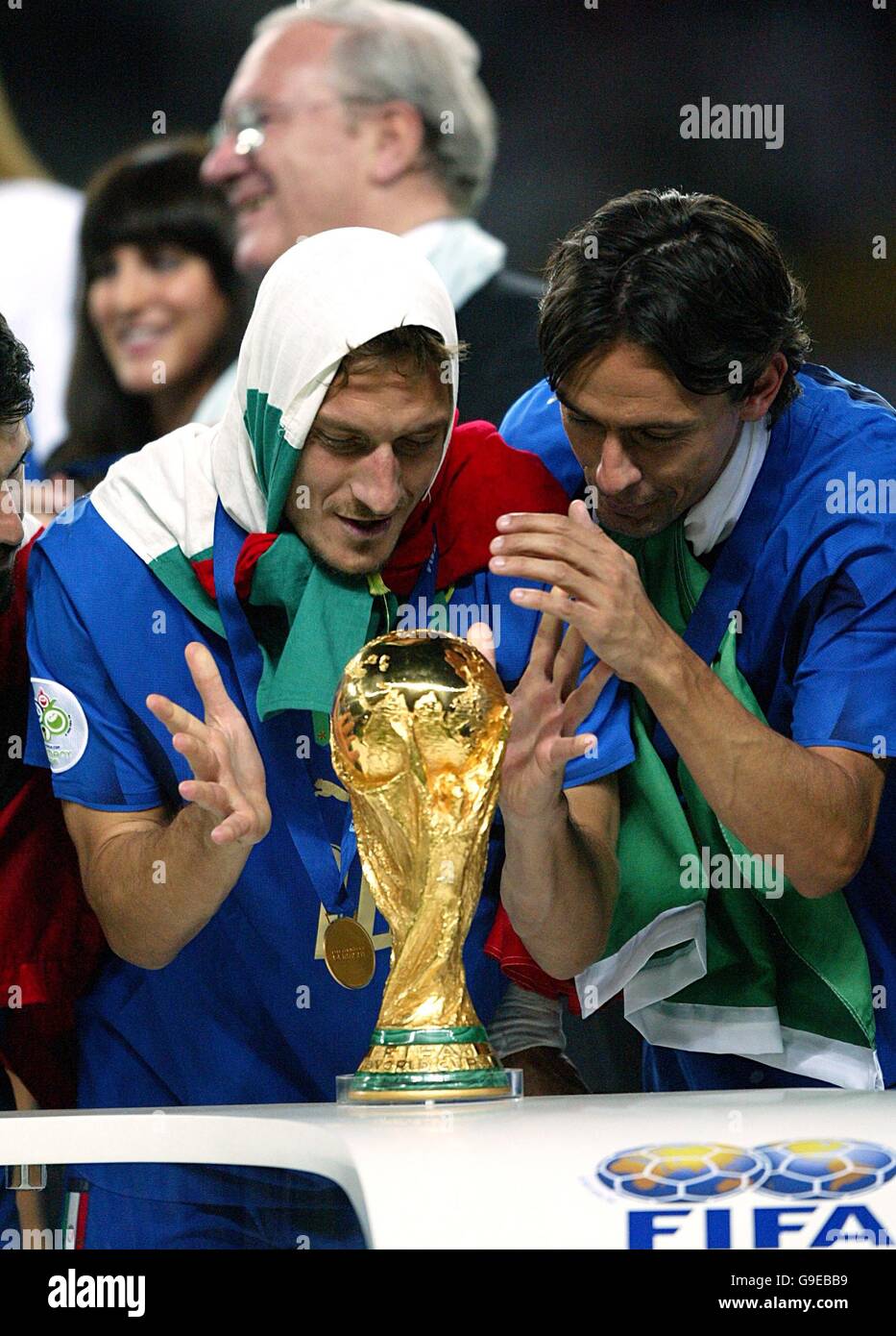 Italy's Francesco Totti and Filippo Inzaghi admire the FIFA World Cup Stock Photo