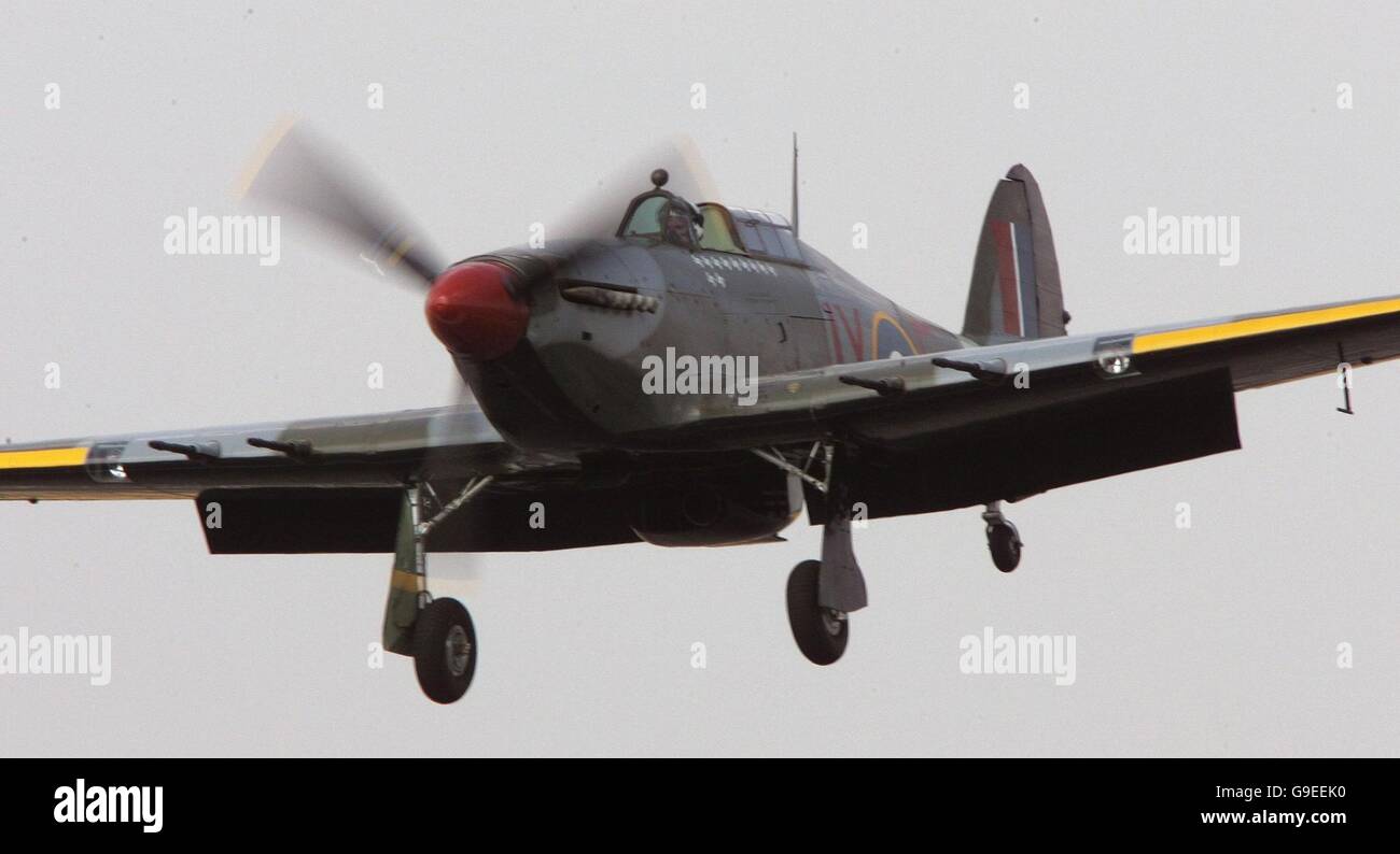 A RAF Hurricane takes part in the Battle of Britian Memorial Flight at Farnborough Airshow. Stock Photo