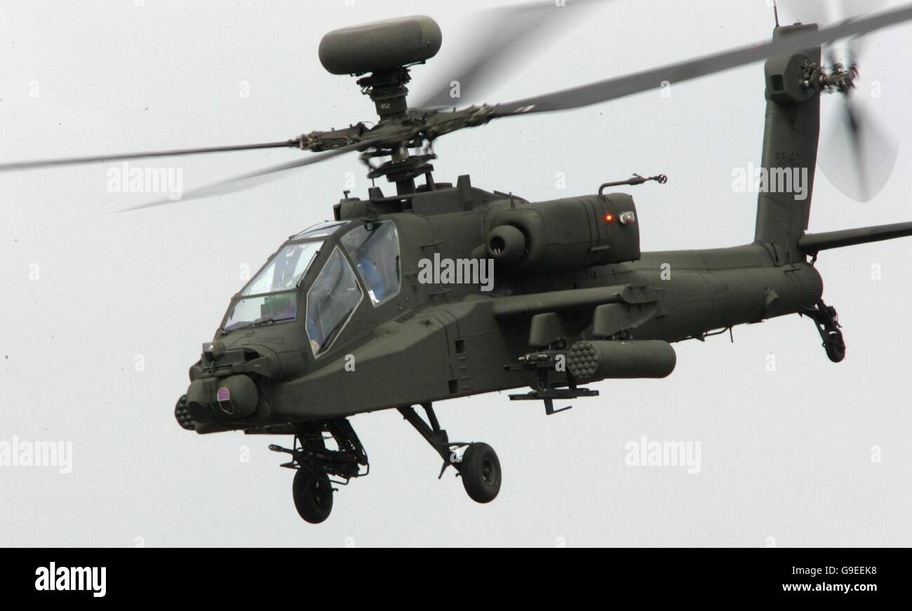 A Boeing AH -64D Apache during its display at Farnborough Airshow. Stock Photo