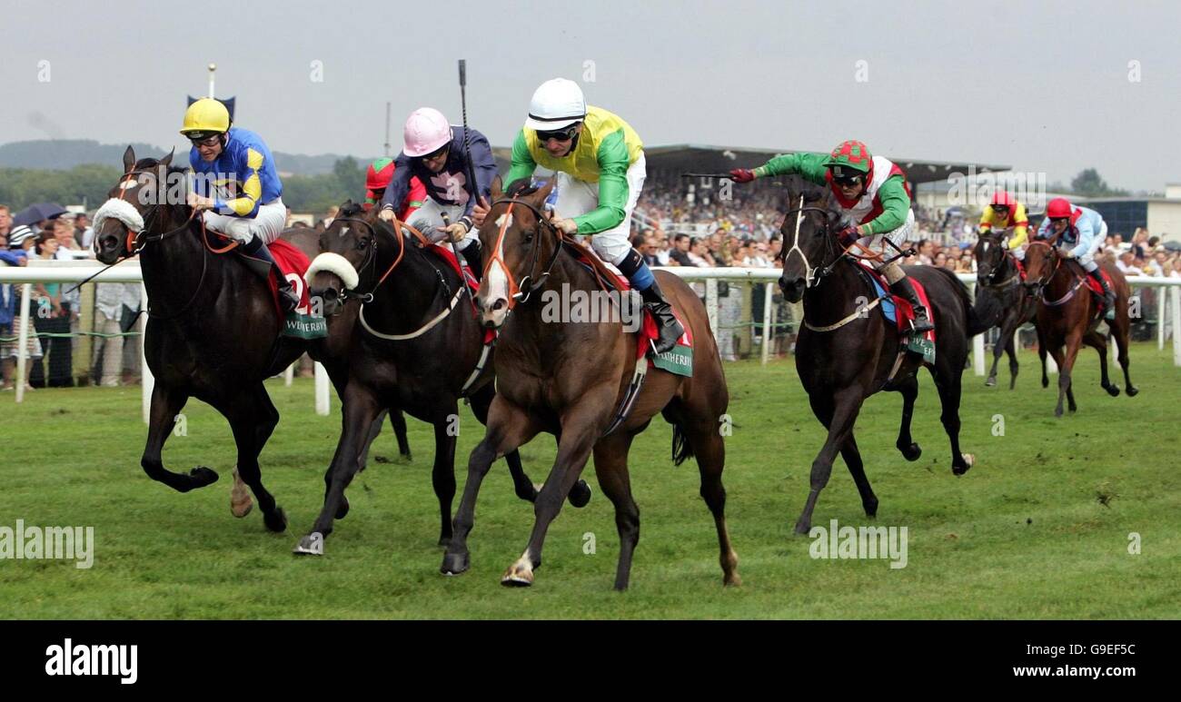 Elhamri ridden by jockey Declan McDonogh (wearing yellow with green sleeves and white cap) heads the field to win the Weatherbys Super Sprint at Newbury Racecourse. Stock Photo