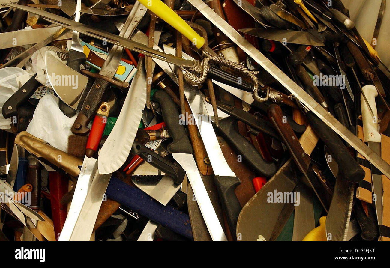 Knife Amnesty in Glasgow. Knives handed in during the five-week amnesty at Helen Street police station in Glasgow. Stock Photo