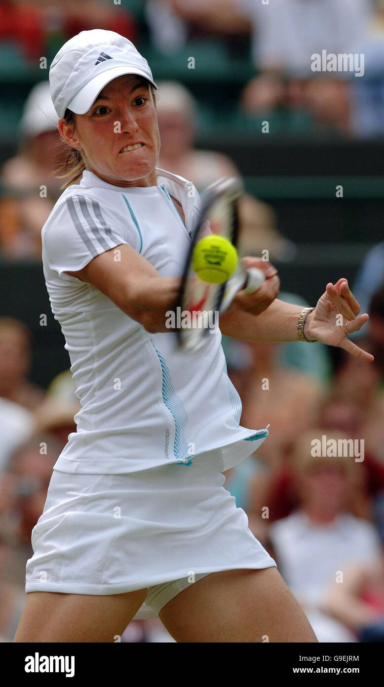 Belgium's Justine Henin-Hardenne during the quarter final match against France's Severine Bremond at The All England Lawn Tennis Championships at Wimbledon. Stock Photo