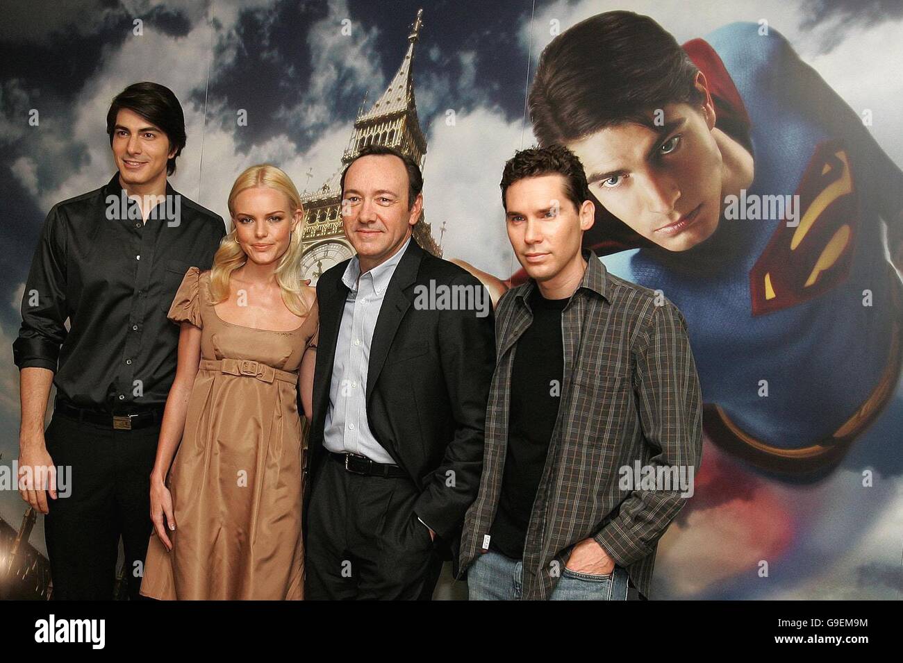 (Left to right) Brandon Routh, Kate Bosworth, Kevin Spacey and director Bryan Singer attend a photocall for their new film, Superman Returns, at the Dorchester hotel, central London. Stock Photo