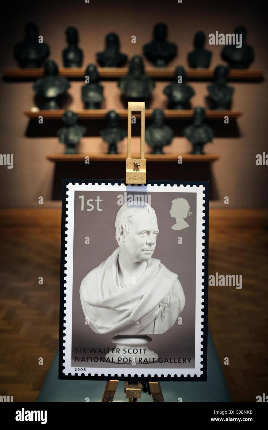 An enlarged image of a stamp featuring Sir Walter Scott, by Sir Francis Chantrey stands on an easel in the National Portrait Gallery, London. PRESS ASSOCIATION Photo. Issue date Sunday July 16, 2006. On 18th July, Royal Mail will issue ten 1st Class mini-masterpieces from the National Portrait Gallery's collection, celebrating the 150th anniversary of the gallery. Stock Photo