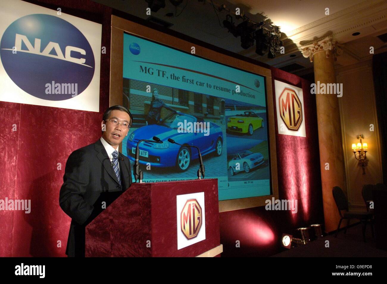 President of the Nanjing Automobile (group) Corporation Mr Yu Jianwei launches the rebirth of MG and Longbridge in the West Midlands at a press conference at the Waldorf Hilton Hotel in Central London. Stock Photo