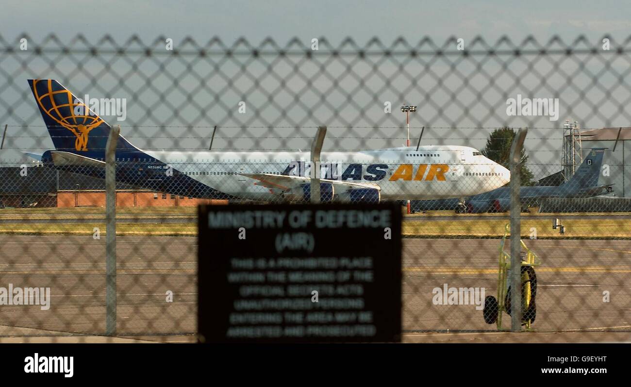 An Atlas Air Boeing 747 cargo jet, believed to be one of the planes carrying hazardous material that were diverted from Prestwick, sits on the tarmac at RAF Mildenhall Norfolk. Picture date: Sunday July 30, 2006. The US cargo planes travelling from Texas to Tel Aviv were due to land overnight at Prestwick Airport in Ayrshire for refuelling, but ended up flying to England. See PA story POLITICS Lebanon Airport. Photo credit should read: Chris Radburn/PA. Stock Photo