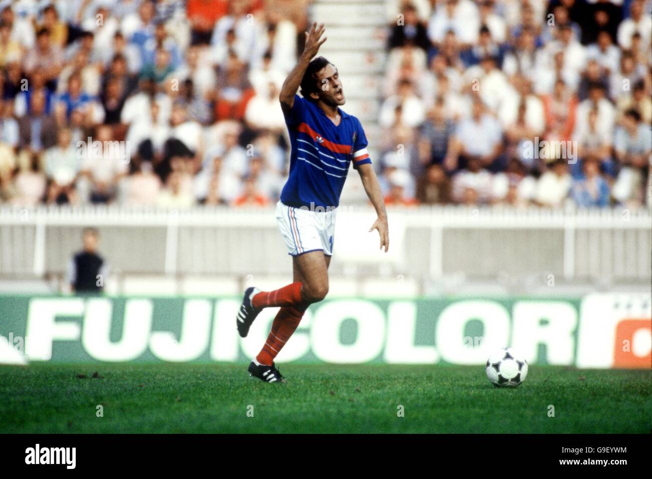France's Michel Platini shows his displeasure at being ruled offside when clean through on goal Stock Photo