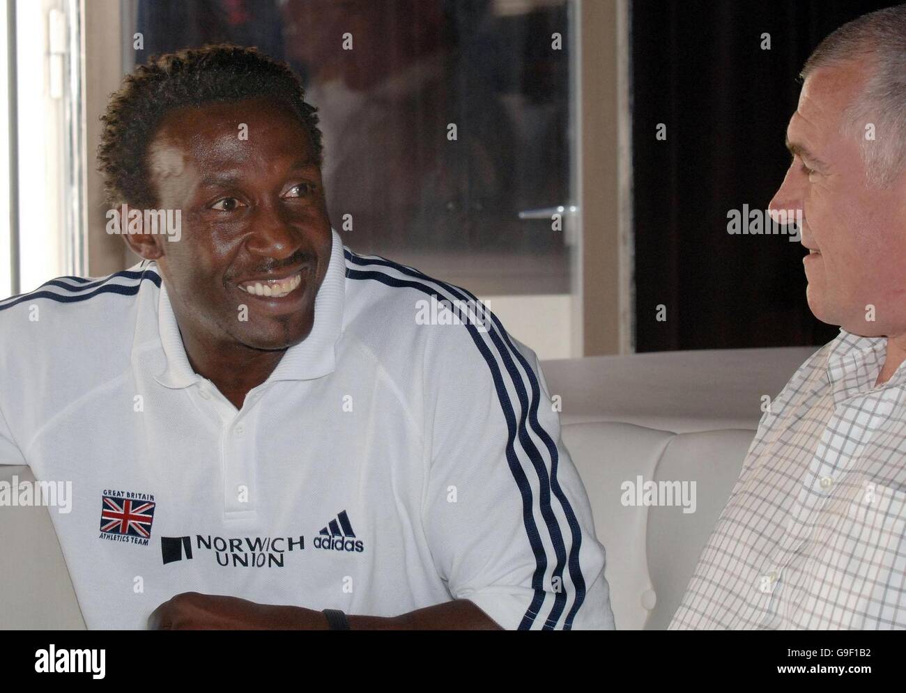 Former Olympic 100m champion Linford Christie (left) with UK Athletics performance director Dave Collins at the launch of the Athlete Mentor Programme in Gothenburg, Sweden. Stock Photo