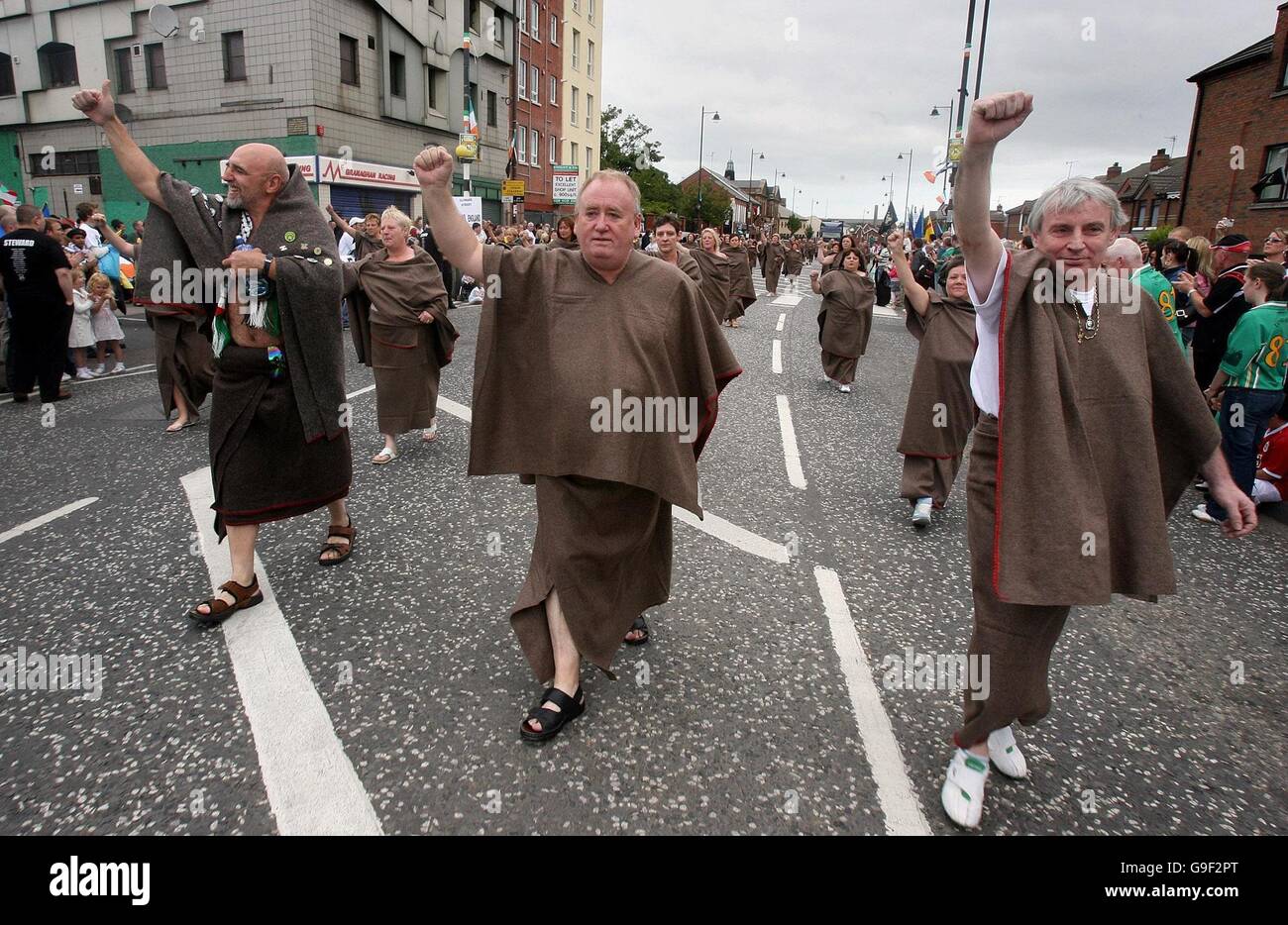 Republicans dressed as prisoners march in West Belfast to commemorate the hunger strike death of IRA prisoners protesting against British government policy. Stock Photo